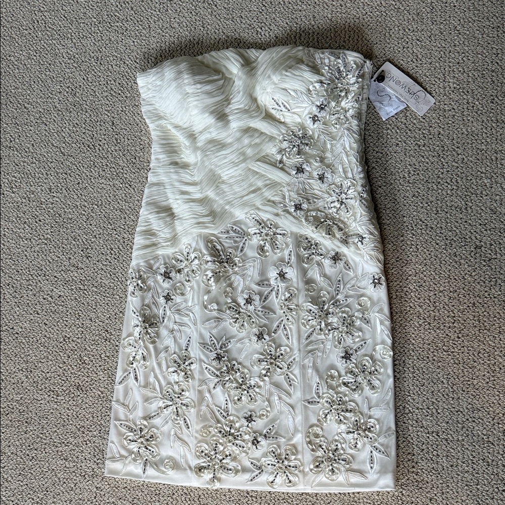 Sue Wong Ivory Strapless Dress with Silver Embellishments